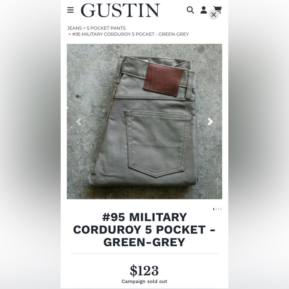 GUSTIN #95 Military Corduroy Green-Grey 5 Pocket Pant